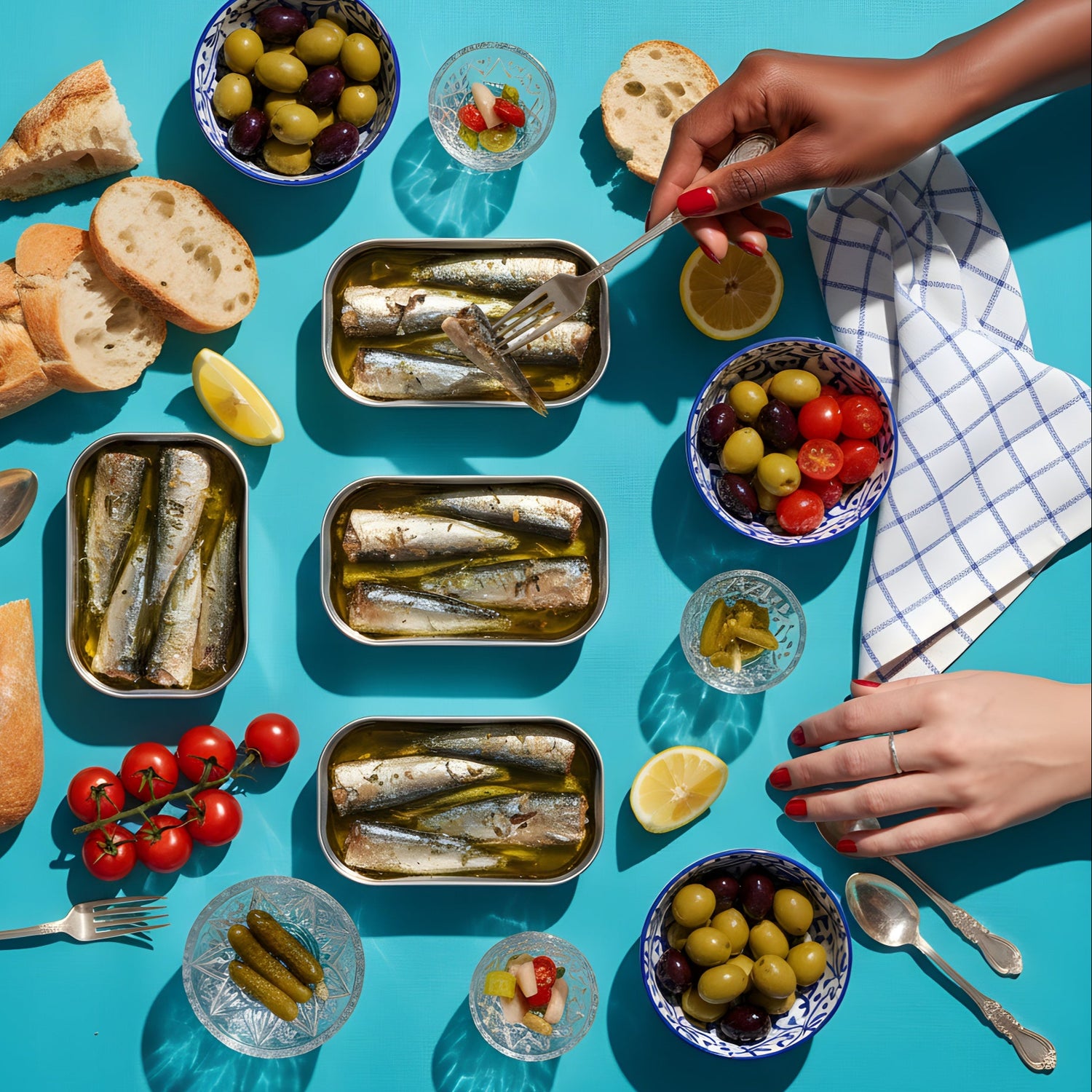 Table setting with sardine tins, bread, olives, and other snacks on a blue background
